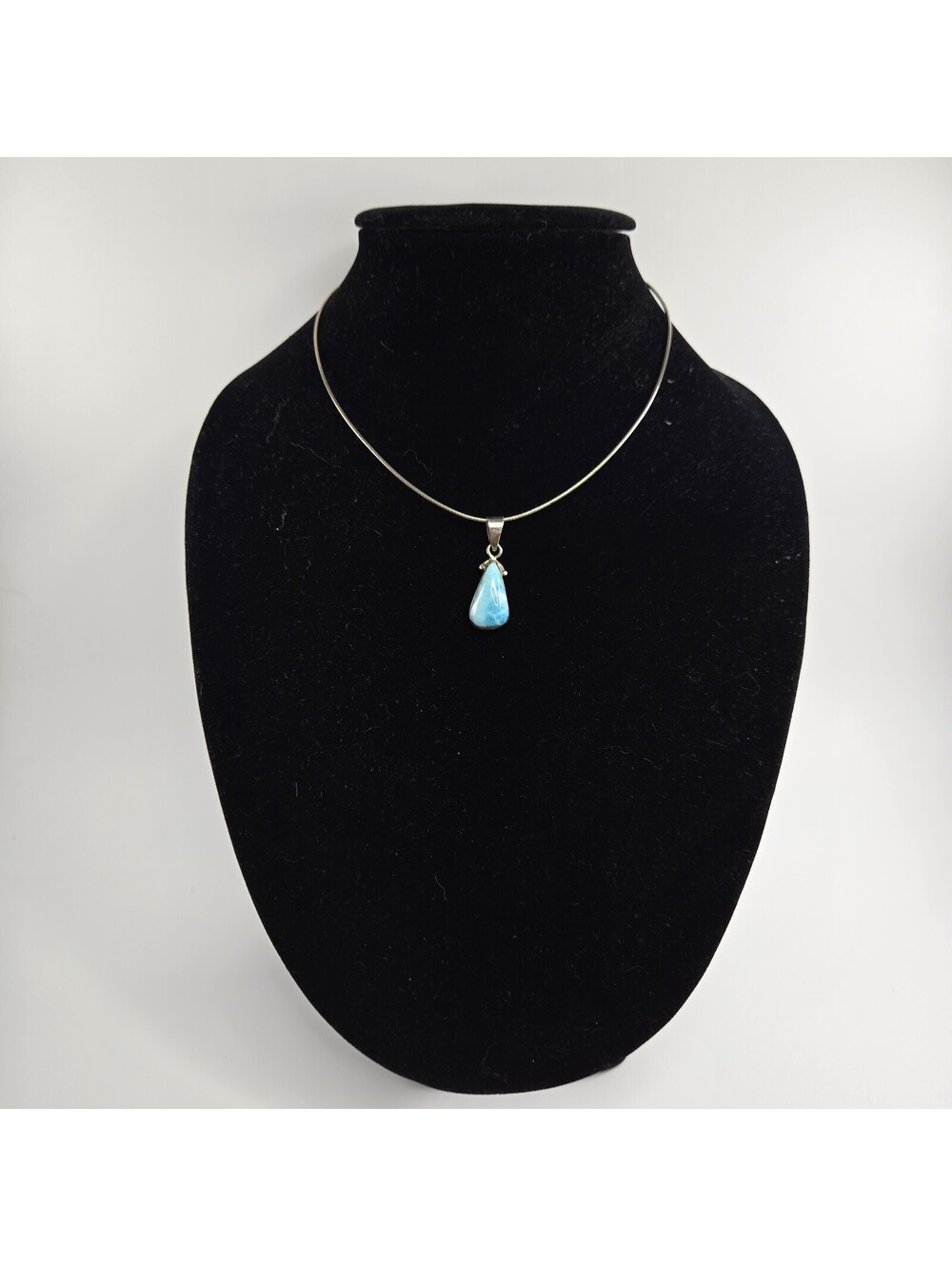 Sterling Silver Larimar Teardrop Pendant Omega Chain Necklace 925 Blue Gemstone